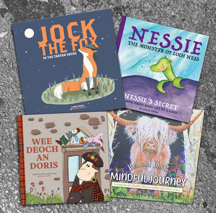 Jock the Fox, Nessie's Secret, Wee Deoch an Doris, Bea andd Brodie's Mindful Journey, Braw Books, Scottish Books for kids, Scottish books for children, book sale, Scottish gifts for kids, Scottish gifts