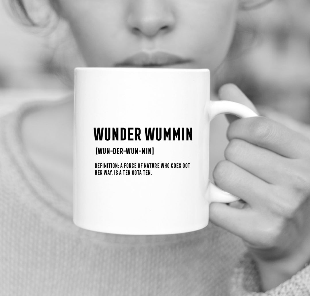 WUNDER WUMMIN MUG, 'WUNDER WUMMIN DEFINITION' Scottish Mugs fpr her, Funny Scottish Mugs, Scottish Gifts, Scottish Gifts Glasgow, Unusual Scottish Gifts, Unique Scottish Gifts, Scottish Glasgow gifts, secret Santa gifts, Scottish Mugs, Made in Scotland